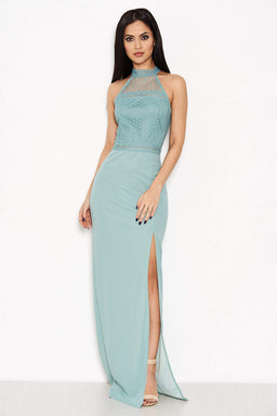 Duck Egg Crochet Top High Neck Maxi Dress