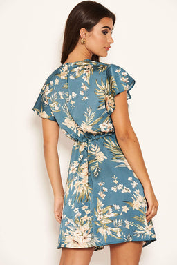 Duck Egg Floral Pleated Wrap Dress