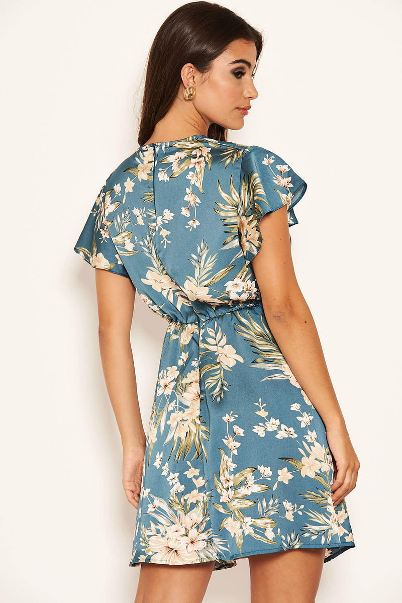 Duck Egg Floral Pleated Wrap Dress