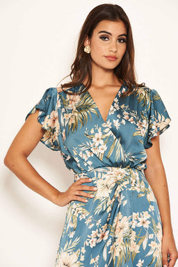 Duck Egg Floral Pleated Wrap Dress