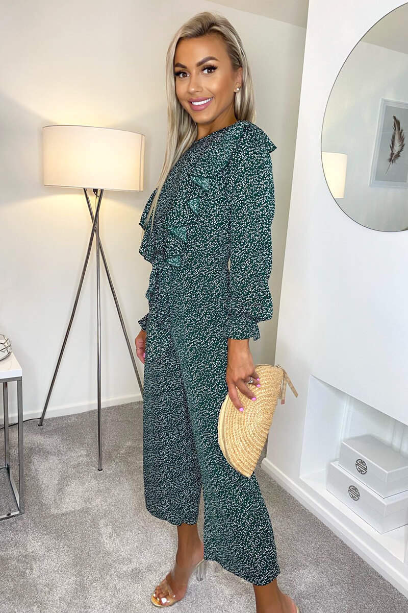 Forest Green Printed Frill Front Tie Jumpsuit