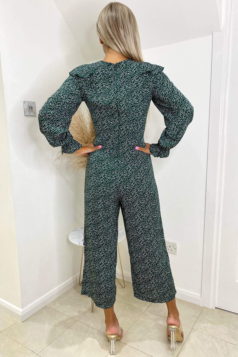 Forest Green Printed Frill Front Tie Jumpsuit