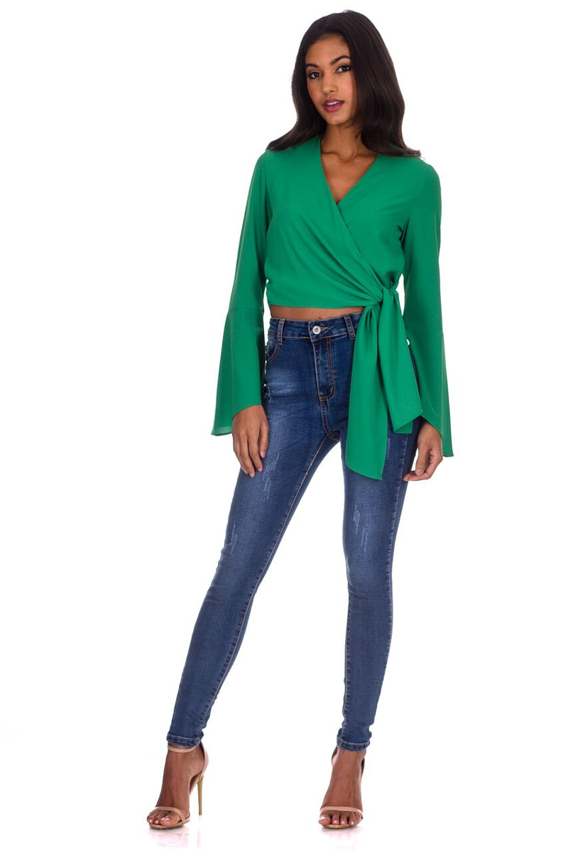 Green Plunge Tie Front Top