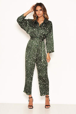 Green Printed Button Up Jumpsuit