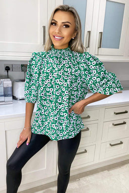 Green Printed Elasticated Neck Top