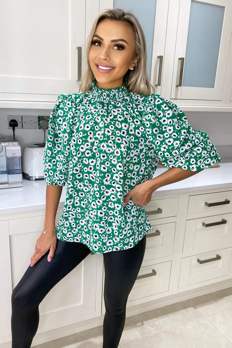 Green Printed Elasticated Neck Top