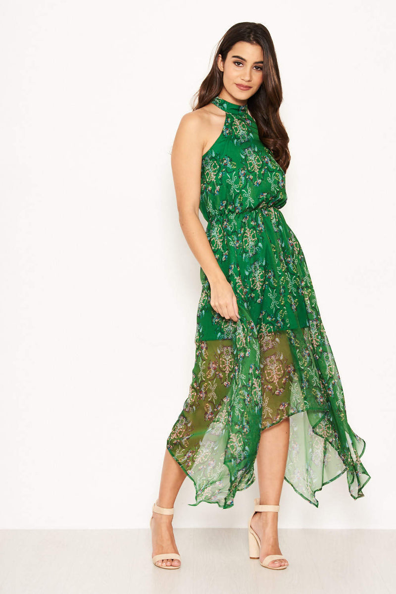 Green Printed Halterneck Maxi Dress