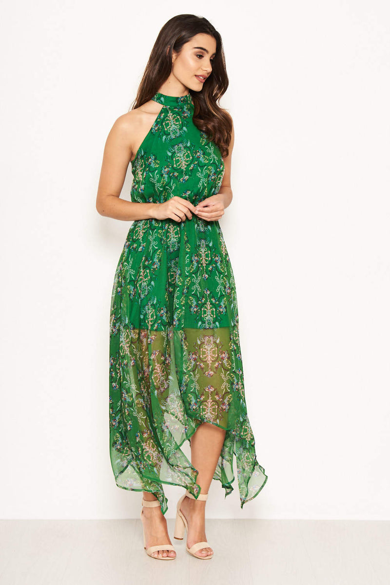 Green Printed Halterneck Maxi Dress