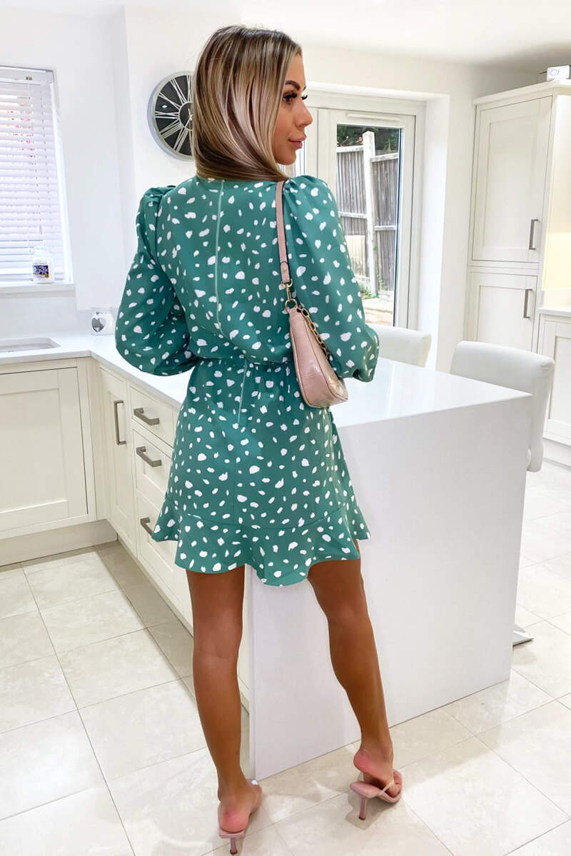 Green Printed High Neck Skater Dress