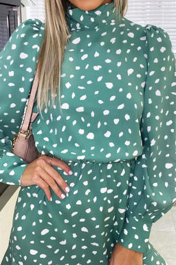 Green Printed High Neck Skater Dress