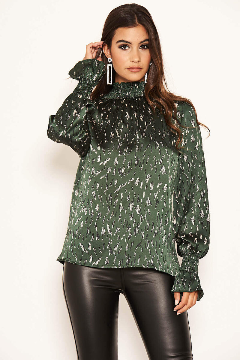 Green Printed High Neck Top