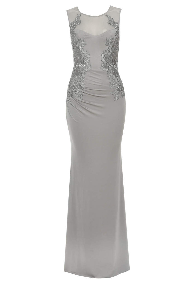 Grey Floor Length Fitted Dress With Lace Detail
