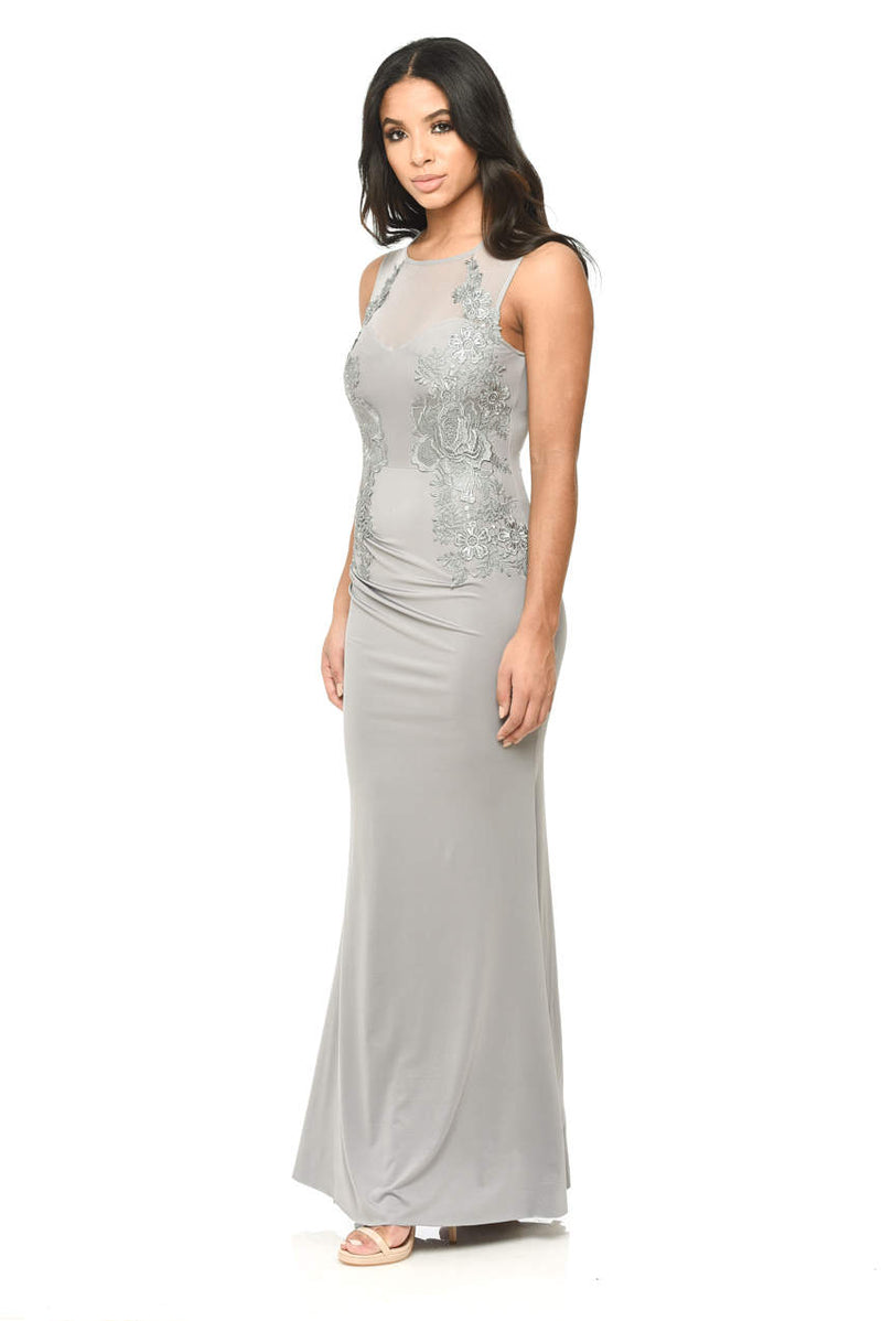 Grey Floor Length Fitted Dress With Lace Detail