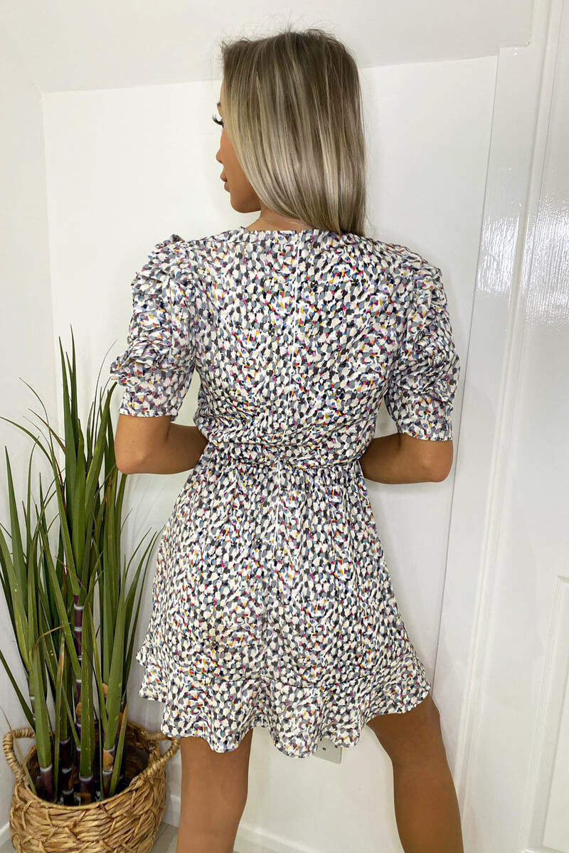 Grey Multi Abstract Pleat Sleeve Dress