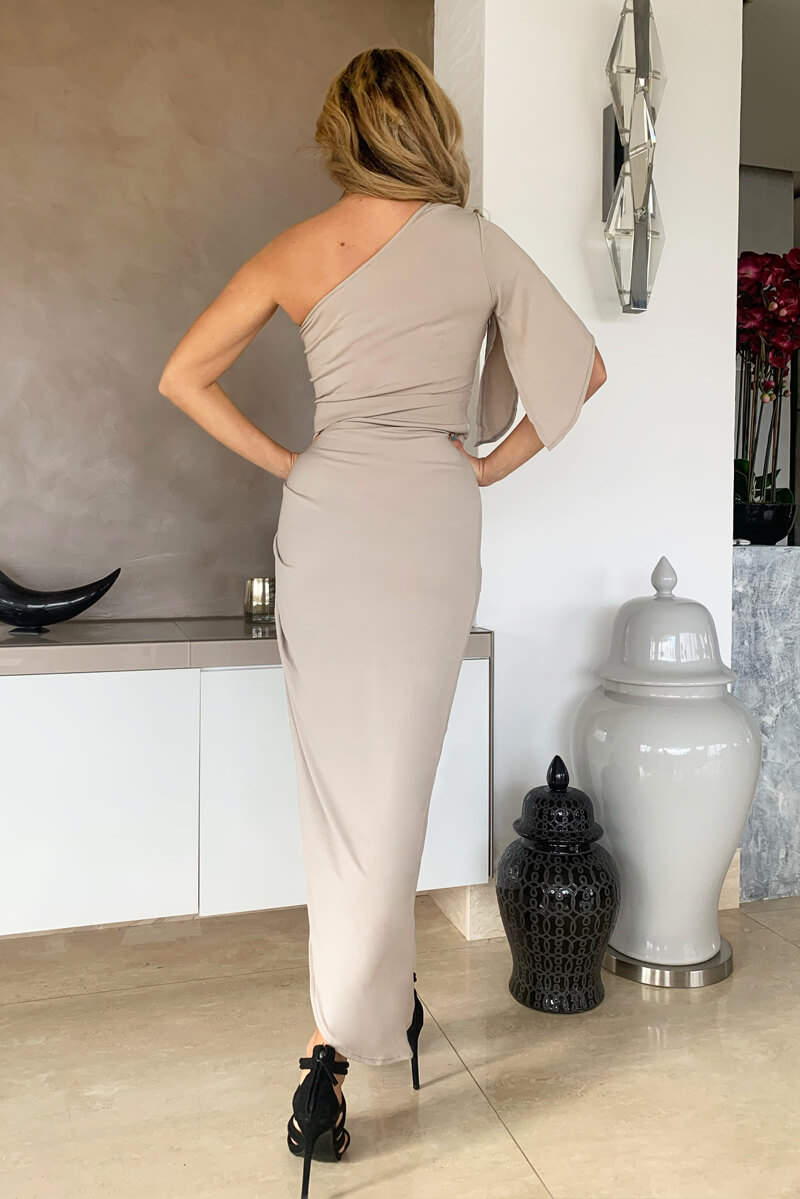 Grey One Shoulder Asymmetric Split Dress