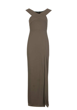 Khaki Cross Front Bardot Maxi Dress With Thigh High Split