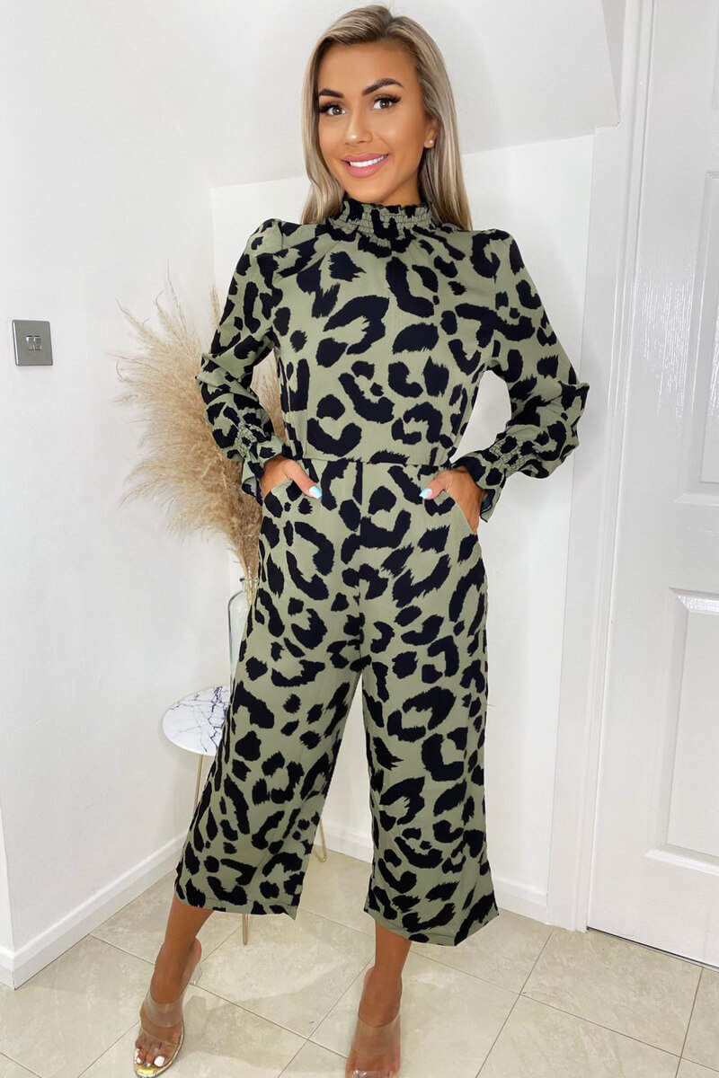 Khaki Elasticated Neck Long Sleeve Culotte Jumpsuit