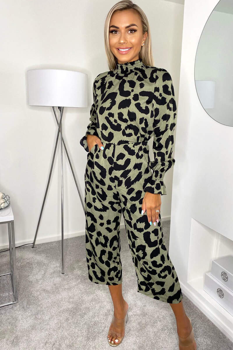 Khaki Elasticated Neck Long Sleeve Culotte Jumpsuit