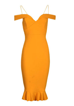 Mustard Off The Shoulder Strappy Fishtail Dress