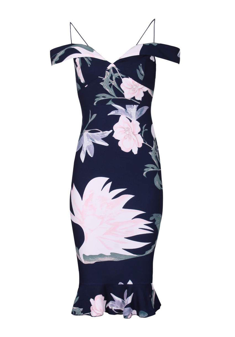 Navy Floral Fishtail Hem Midi Dress