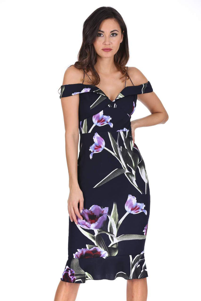 Navy Floral Off The Shoulder Midi Fishtail Dress