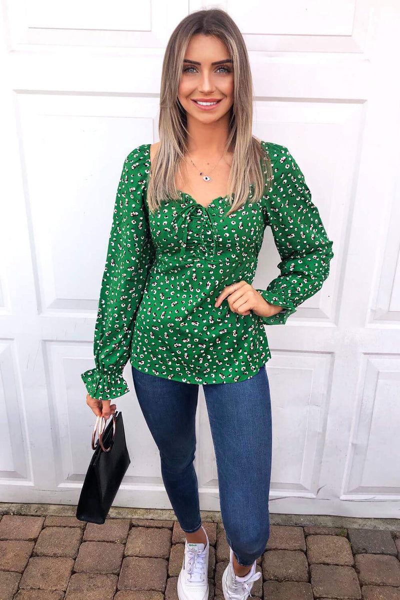 Green Printed Milkmaid Top