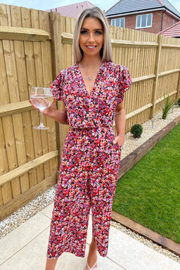 Red Abstract Wrap Over Jumpsuit