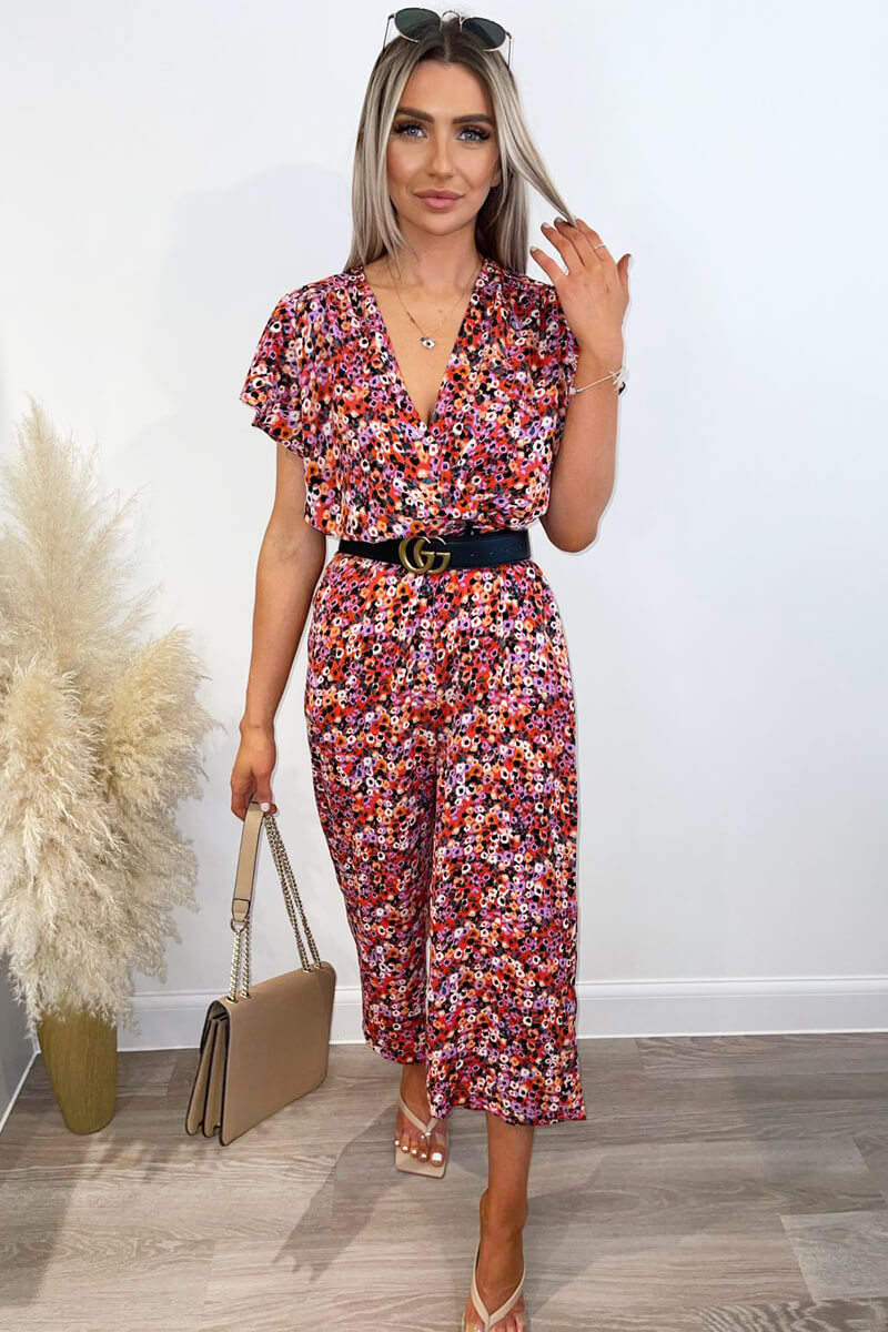 Red Abstract Wrap Over Jumpsuit