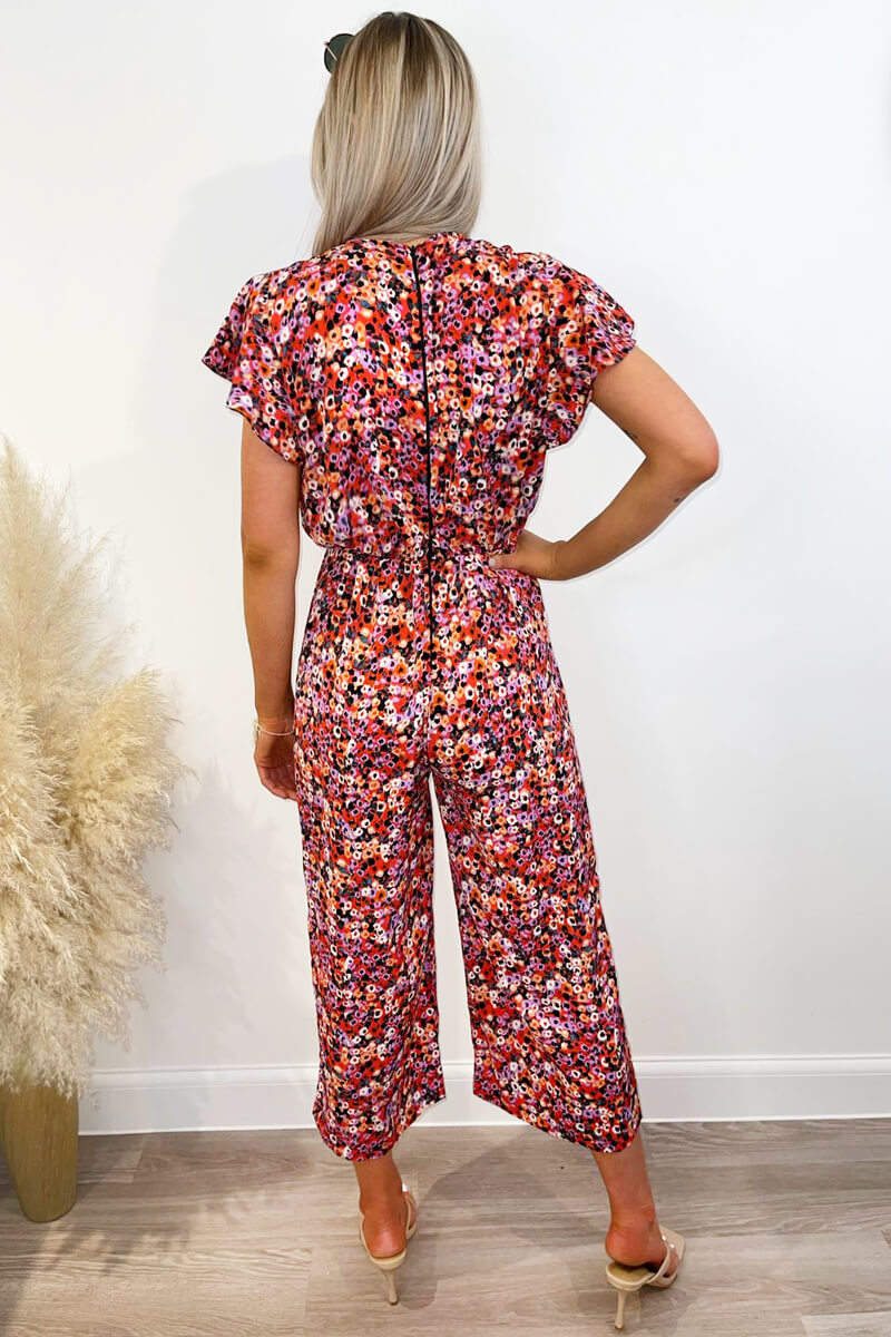 Red Abstract Wrap Over Jumpsuit