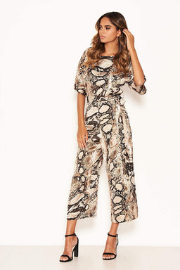 Snake Printed Culotte Jumpsuit With Tie Belt