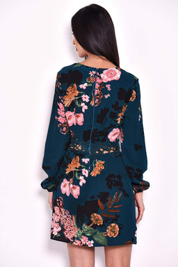 Teal Floral Crochet Waist Dress