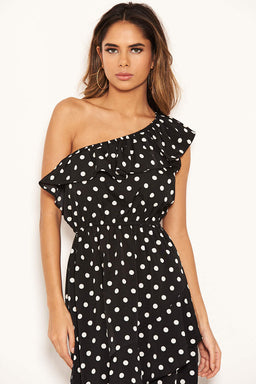 Black Polka Dot One Shoulder Frill Dress