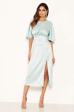 Blue Printed Satin Midi Dress