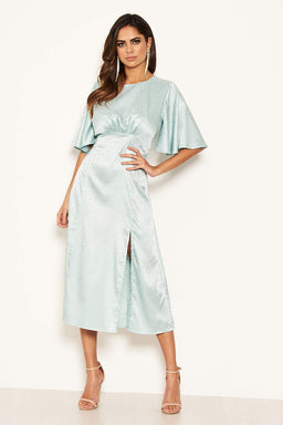 Blue Printed Satin Midi Dress