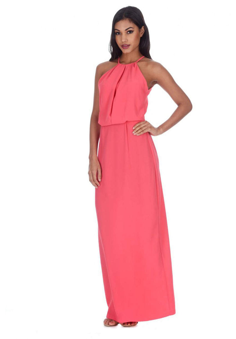 Coral Halterneck Strappy Lace Detail Maxi Dress