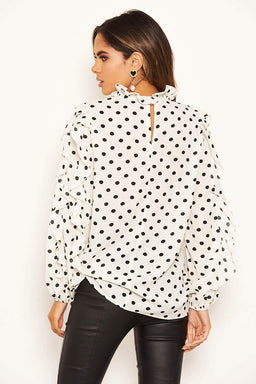Cream Polka Dot Frill Sleeve Top
