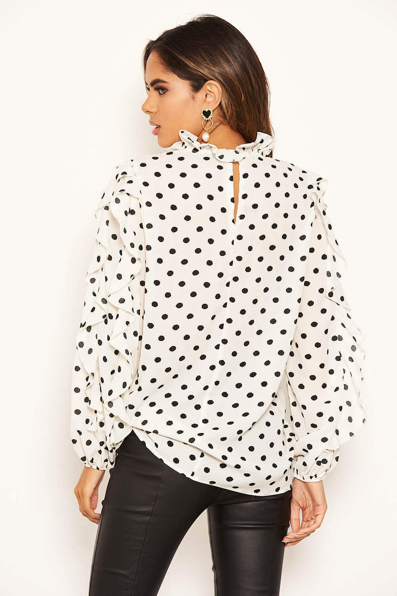 Cream Polka Dot Frill Sleeve Top
