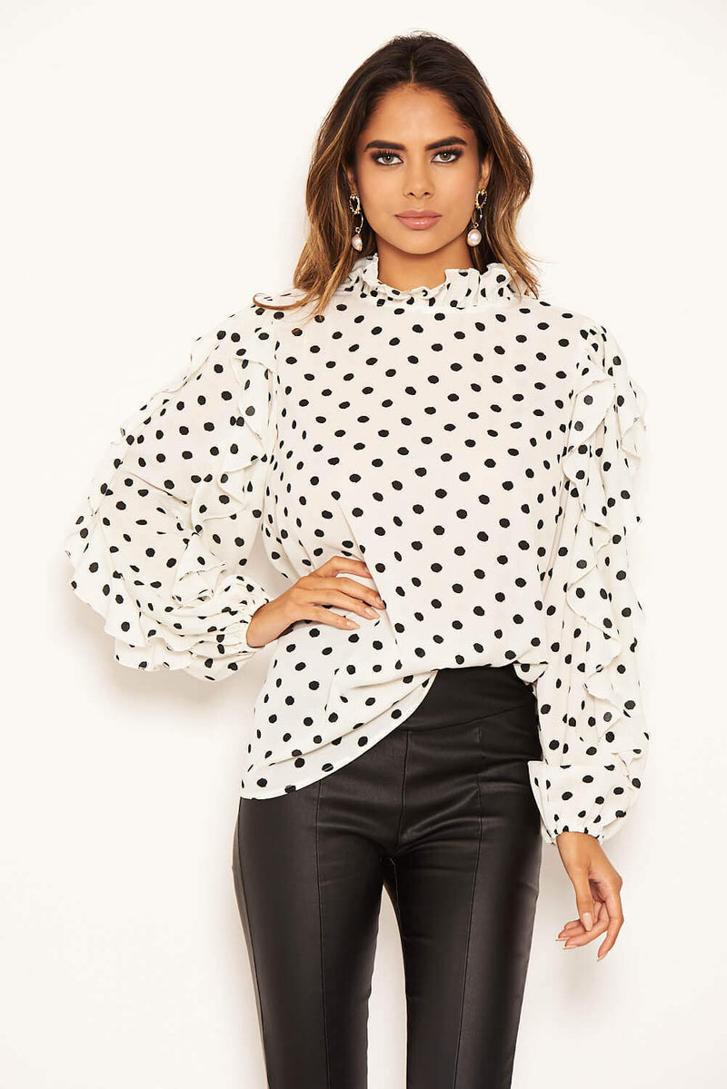 Cream Polka Dot Frill Sleeve Top