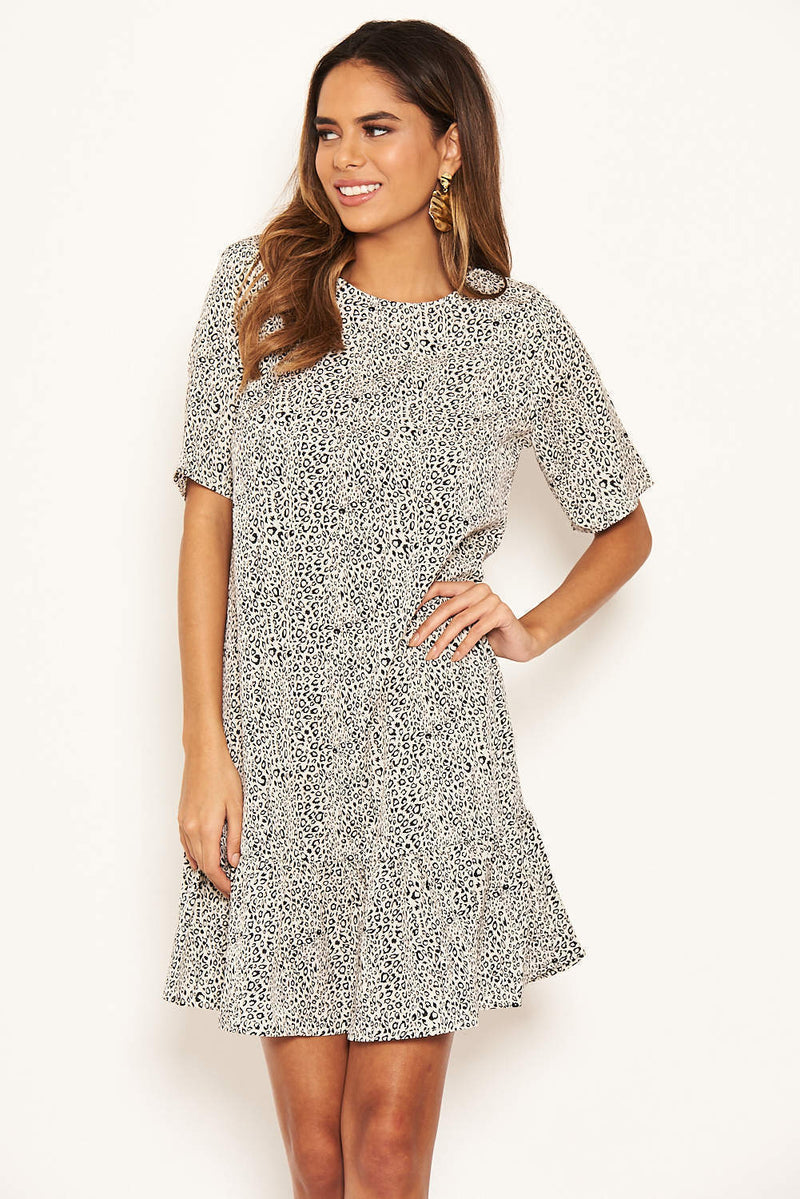 Cream Printed Frill Hem T-Shirt Dress