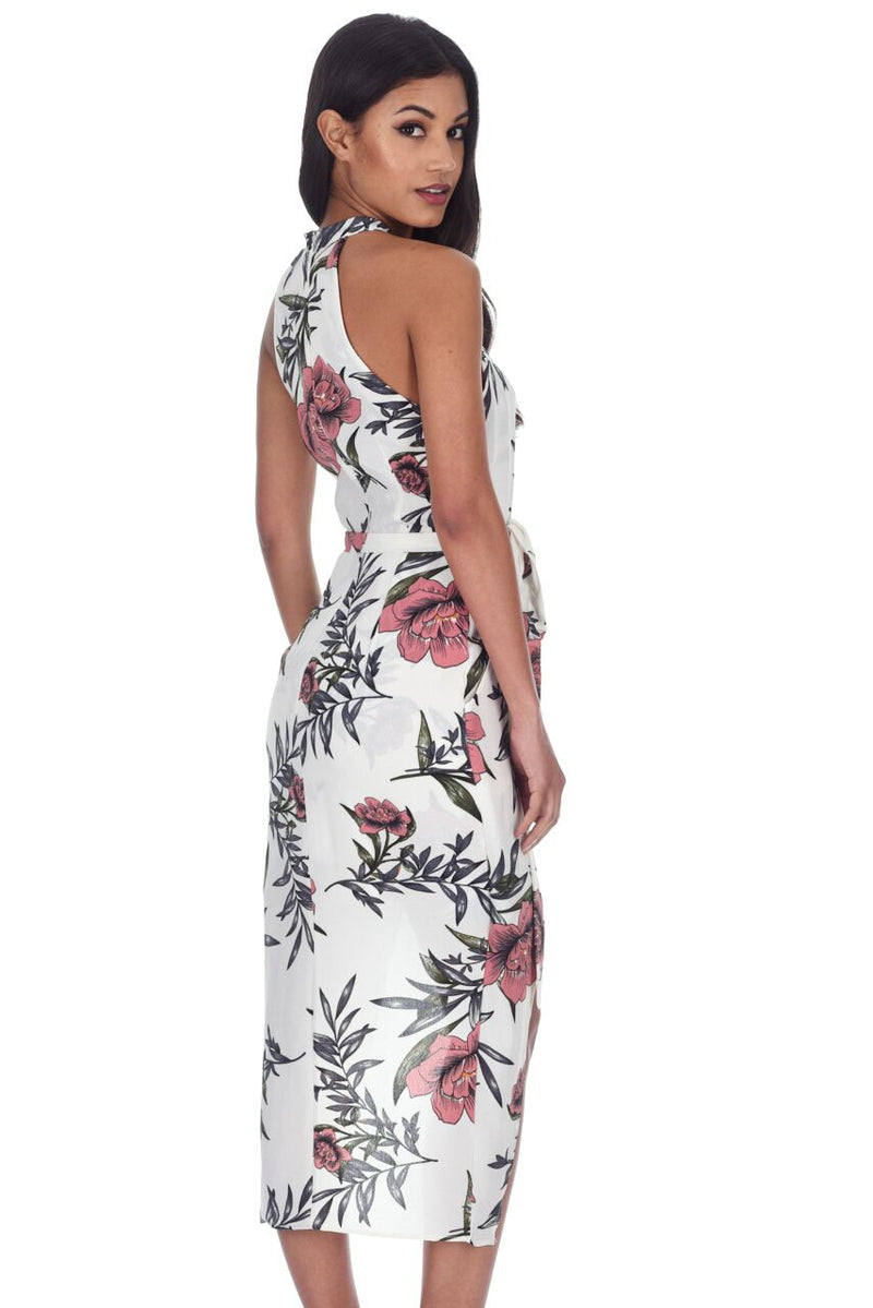 Cream Floral Wrap Over Skirt Dress