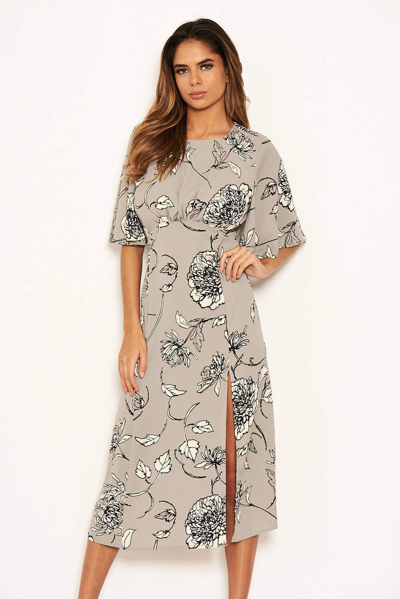Grey Floral Gathered Split Midi Dress