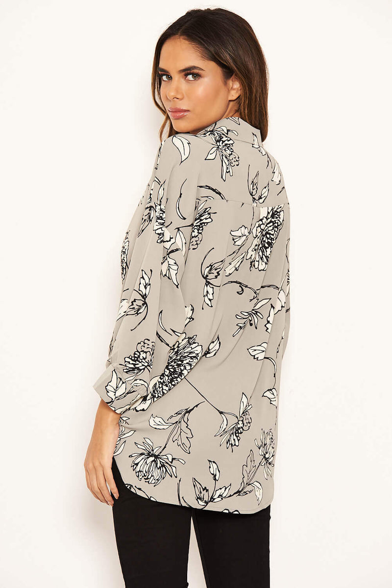 Grey Floral Dip Hem Shirt