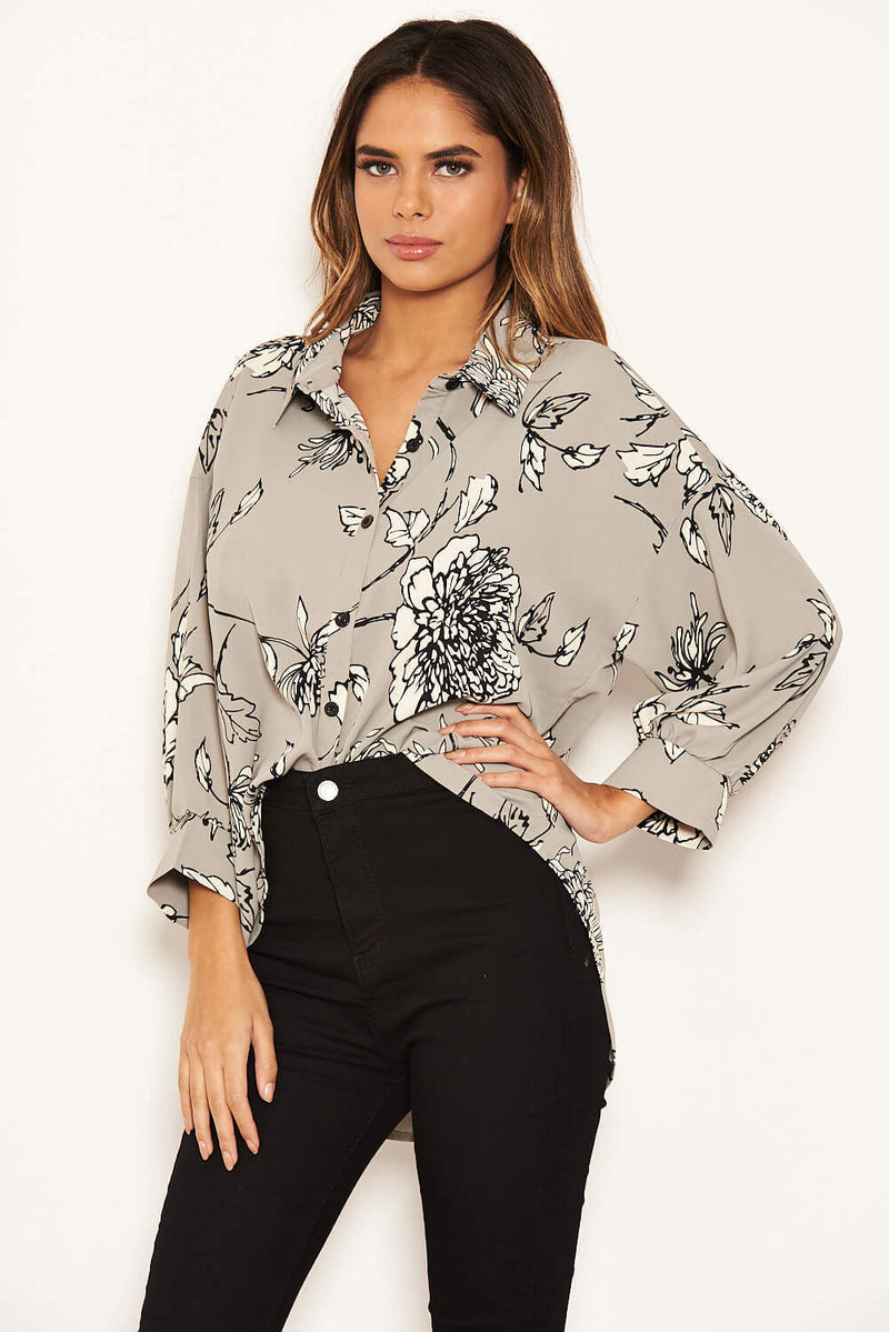 Grey Floral Dip Hem Shirt