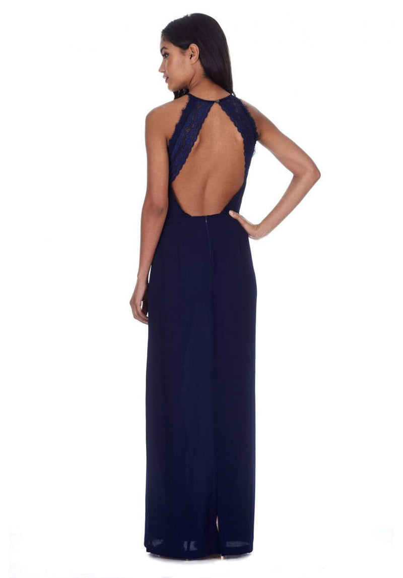 Navy Halterneck Strappy Lace Detail Maxi Dress