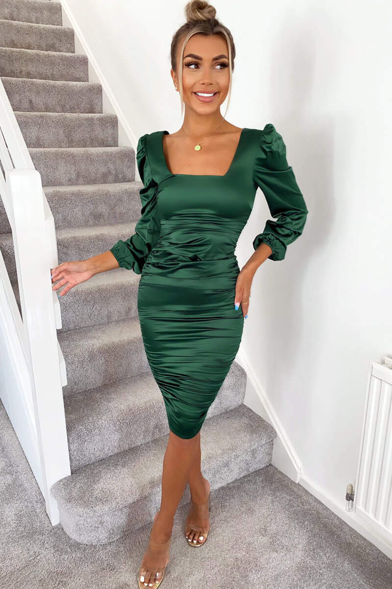Green Satin Square Neck Ruched Dress AX Paris US Green Satin Square Neck Ruched Dress AX Paris US