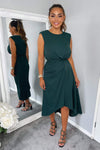 Teal Gathered Midi Dress With Padded Shoulders