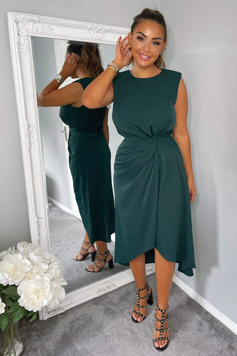 Teal Gathered Midi Dress With Padded Shoulders
