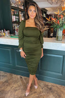 Olive Square Neck Ruched Midi Dress