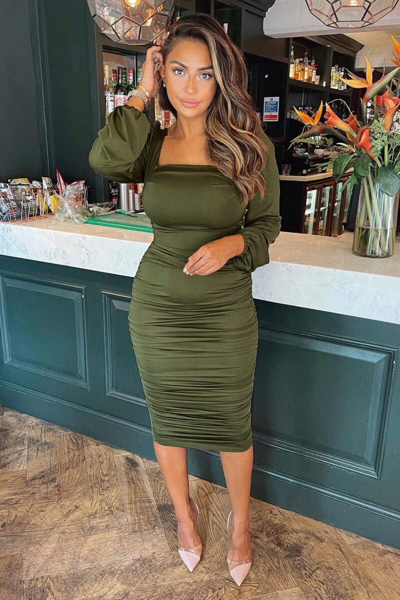 Olive Square Neck Ruched Midi Dress AX Paris US Olive Square Neck Ruched Midi Dress AX Paris US