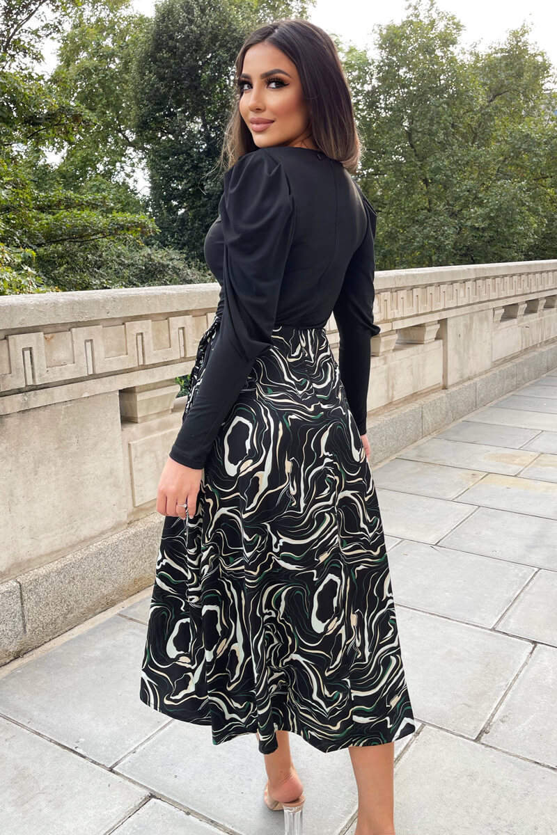 Black And Green 2 in 1 Marble Print Wrap Dress